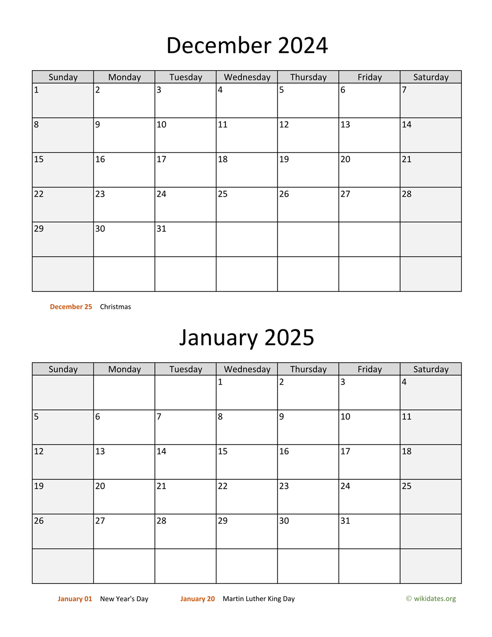 December 2024 And January 2025 Calendar | Wikidates with regard to December 2024 And January 2025 Calendar Printable