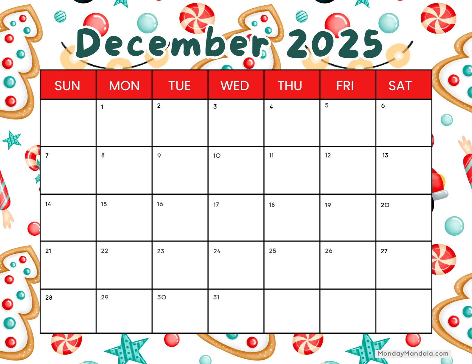 December 2025 Calendar (52 Free Pdf Printables) in December 2025 Free Printable Calendar