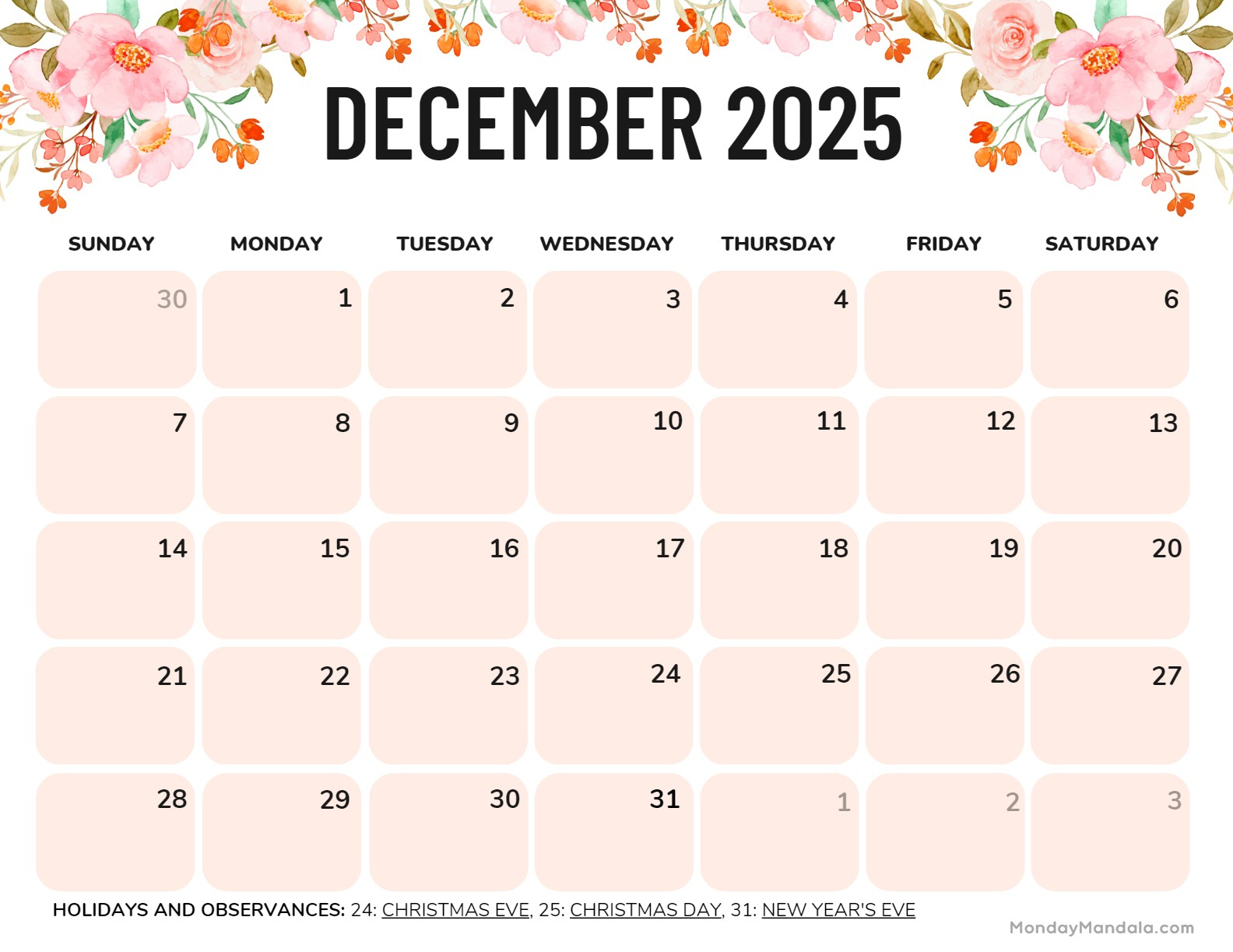 December 2025 Calendar (52 Free Pdf Printables) inside December 2025 Free Printable Calendar