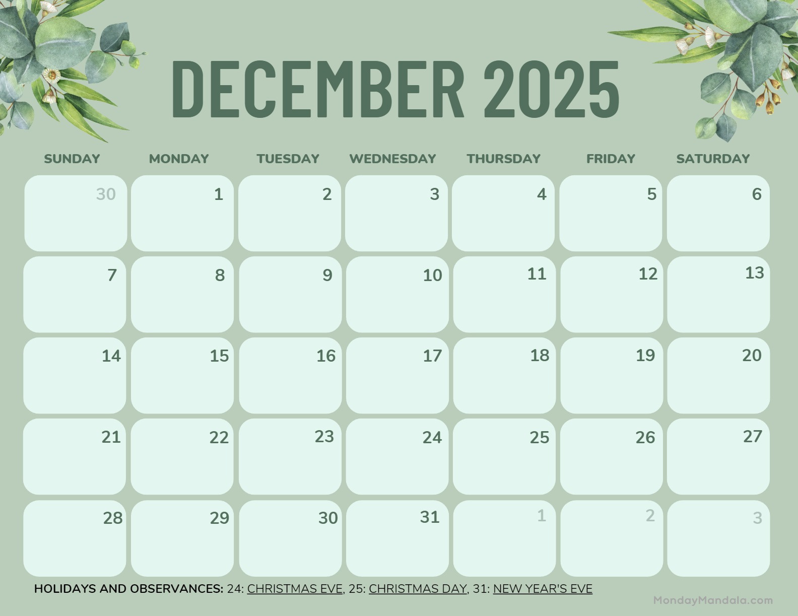 December 2025 Calendar (52 Free Pdf Printables) pertaining to Printable Calendar 2025 December