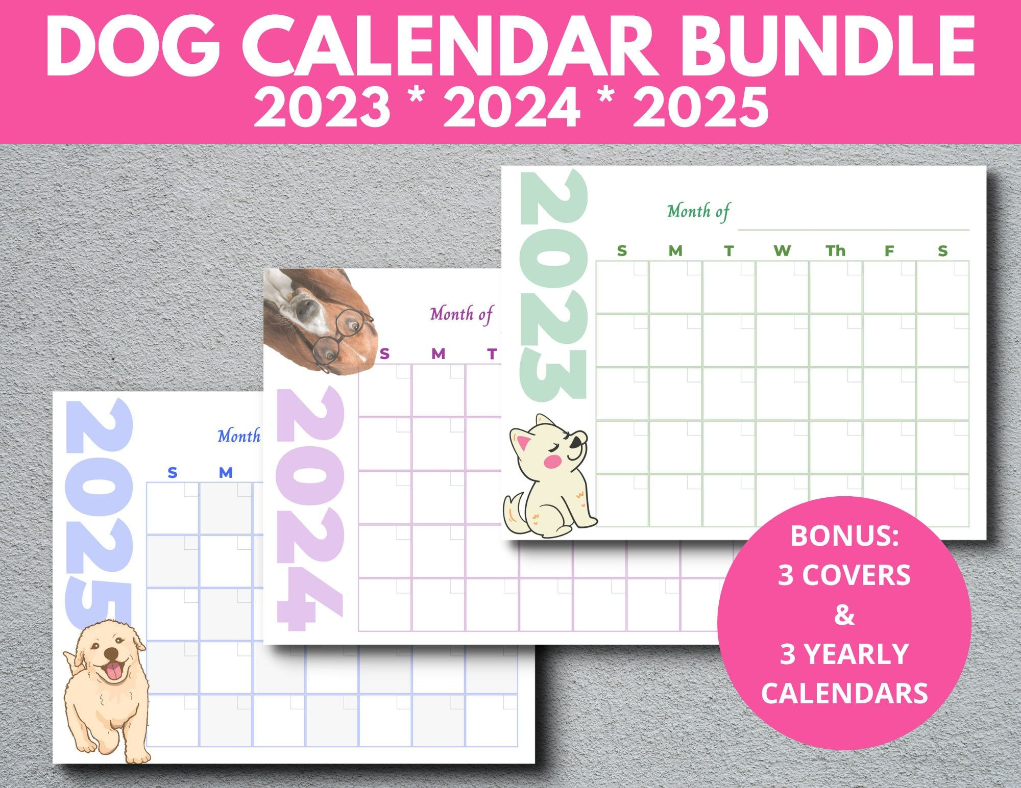 Dog Calendar Bundle 2023 2024 2025, Printable Blank Monthly in Free Printable Dog Calendar 2025