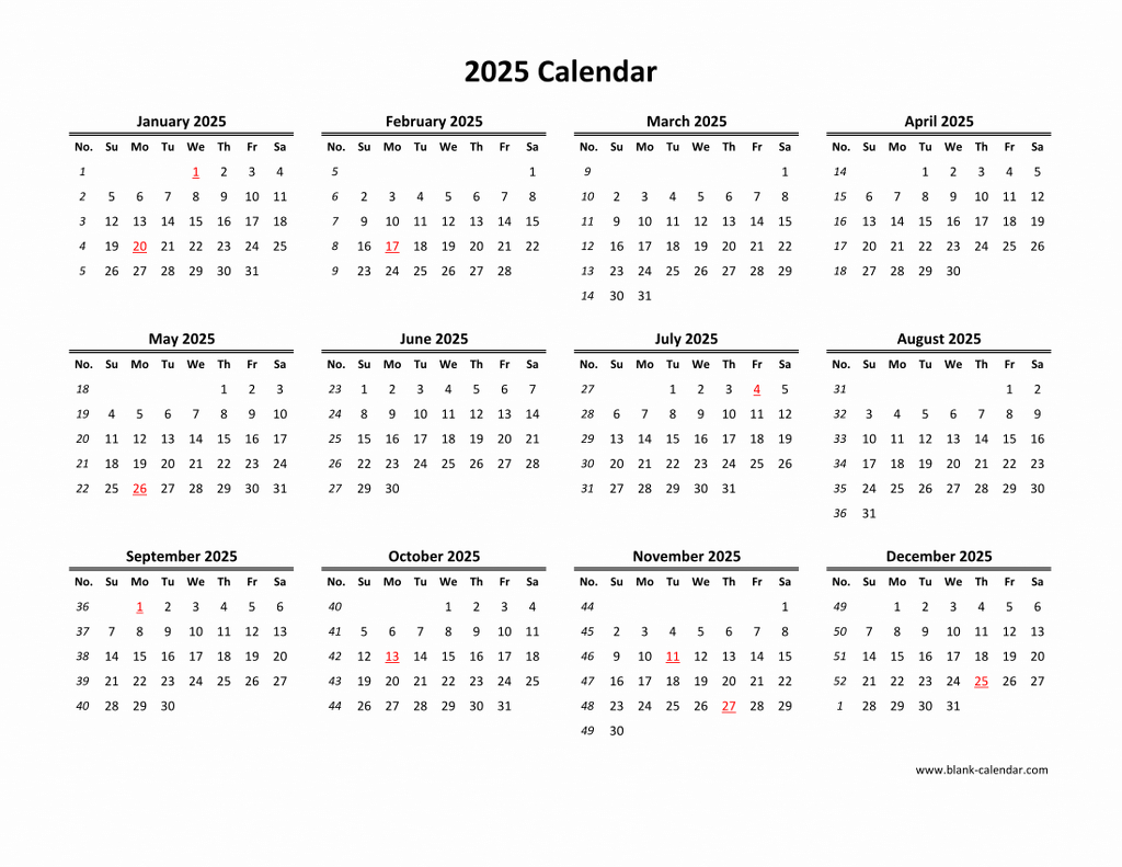 Download Blank Calendar 2025 (12 Months On One Page, Horizontal) within 2025 12 Month Calendar On One Page Printable