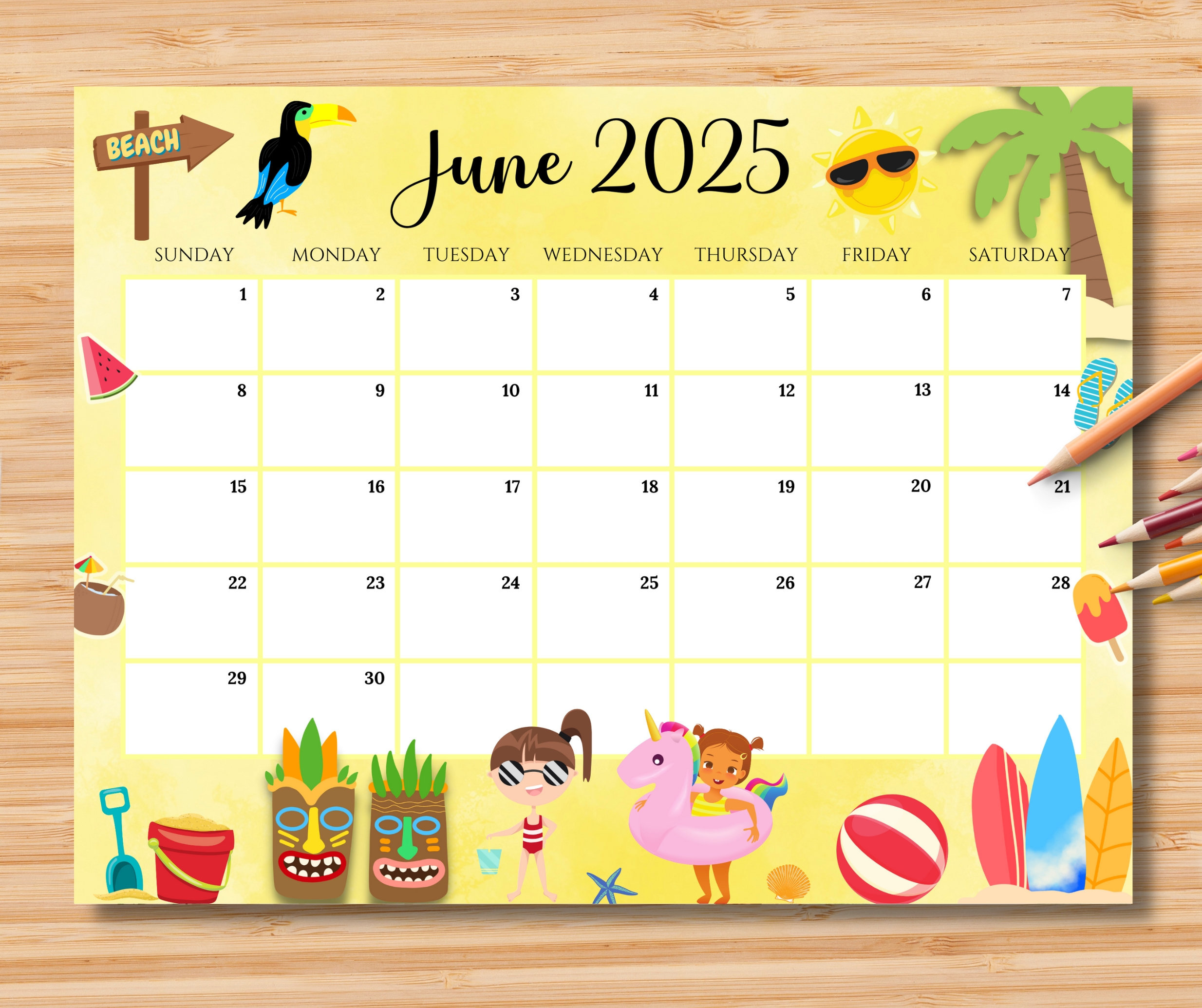 Editable June 2025 Calendar, Joyful &amp;amp; Colorful Summer At The Beach with Summer Calendar Printable 2025