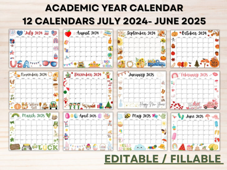 August 2024 to July 2025 Calendar Printable