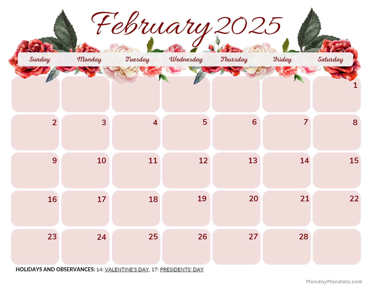 February 2025 Calendar (52 Free Pdf Printables) for February 2025 Calendar Printable With Holidays