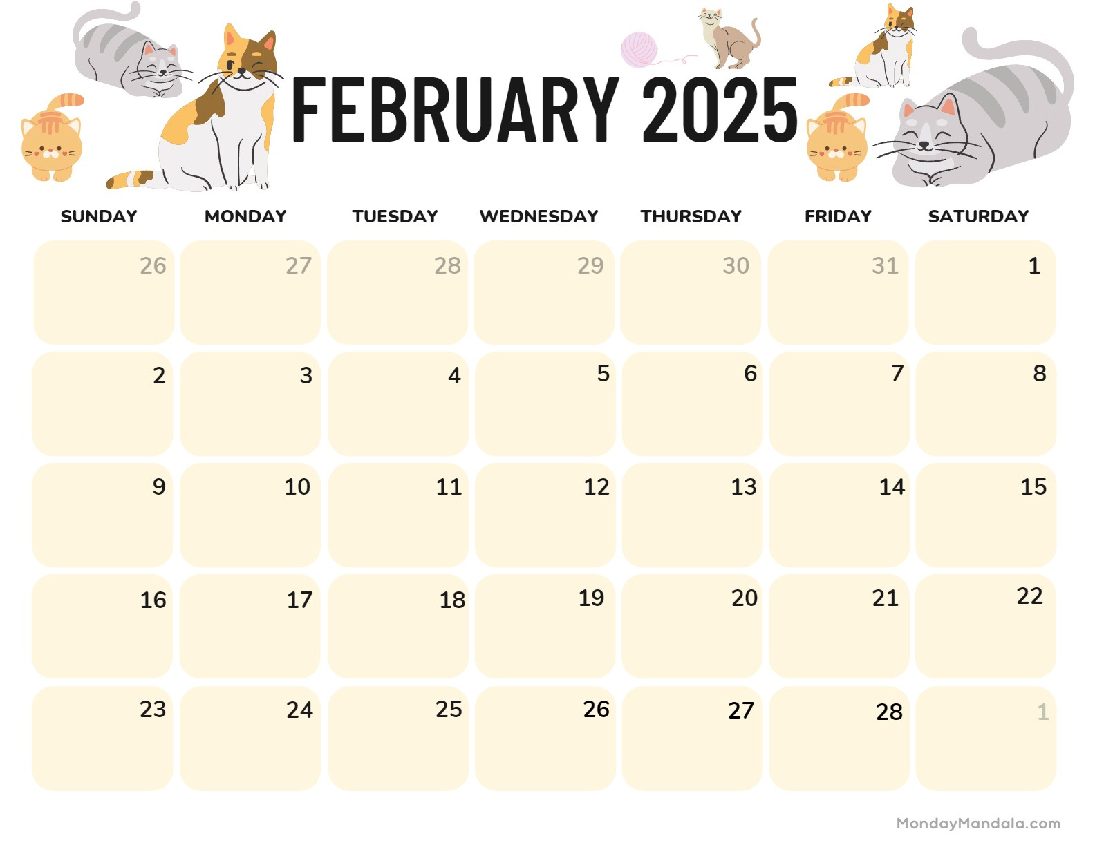 February 2025 Calendar (52 Free Pdf Printables) in Cat Calendar 2025 Printable