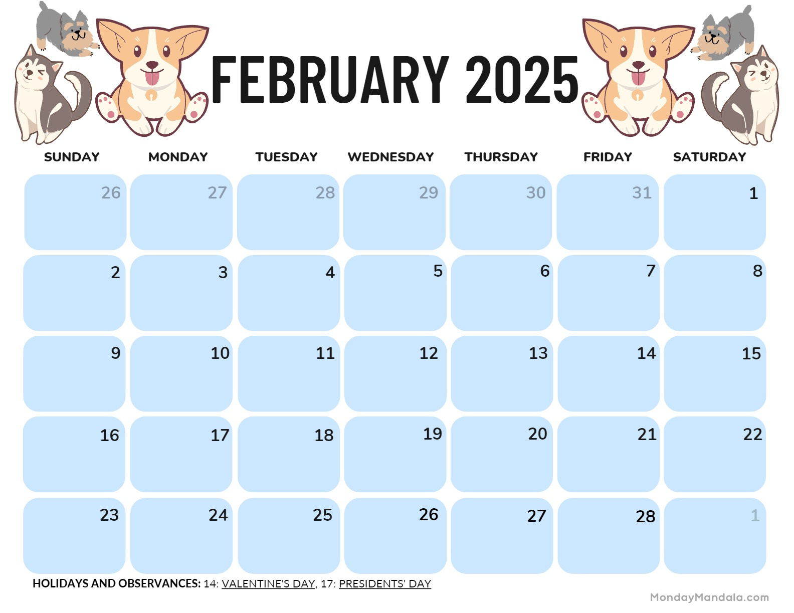 February 2025 Calendar (52 Free Pdf Printables) within Free Printable Dog Calendar 2025