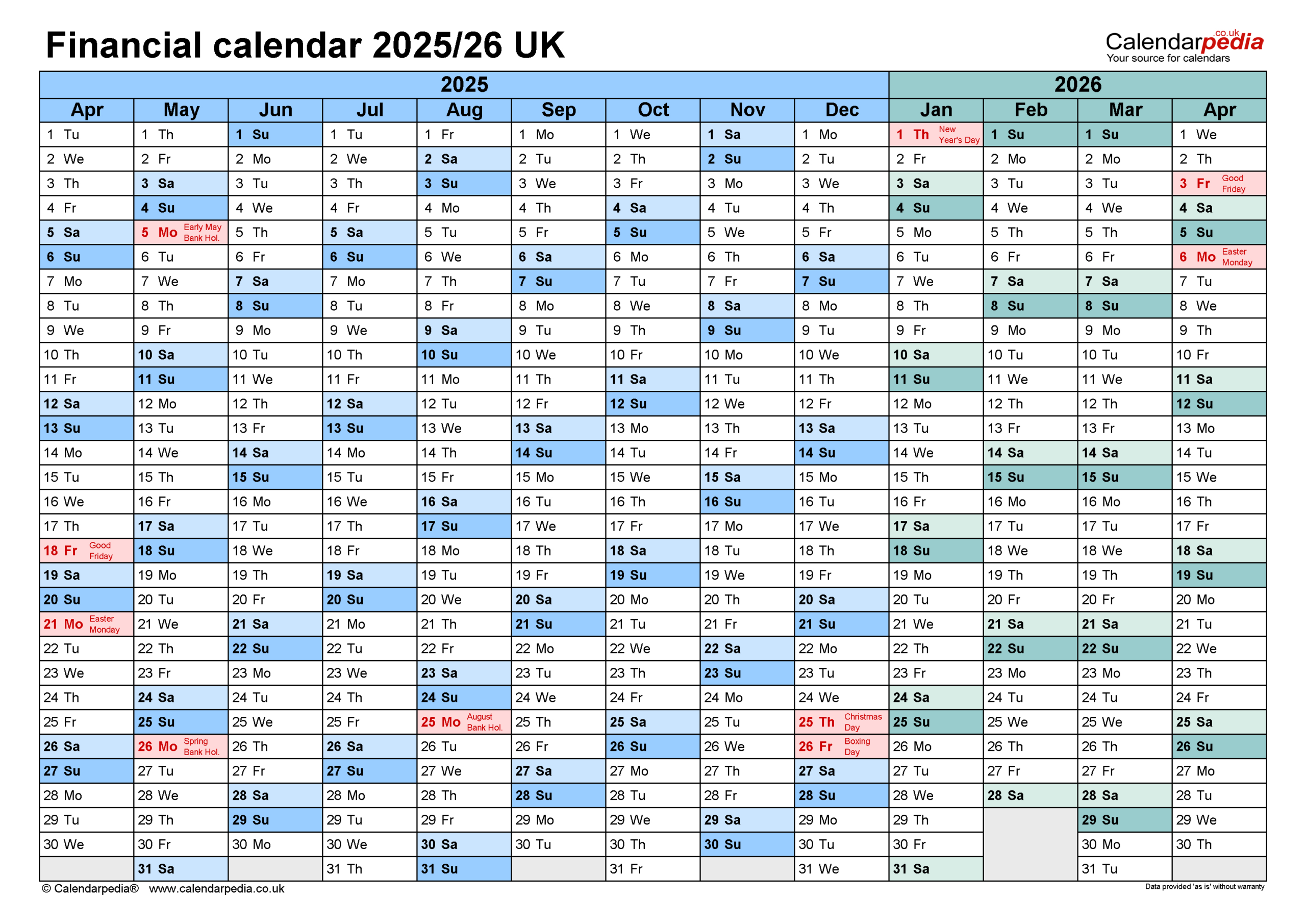 Financial Calendars 2025/26 Uk In Pdf Format with Fiscal Calendar 2025 Printable