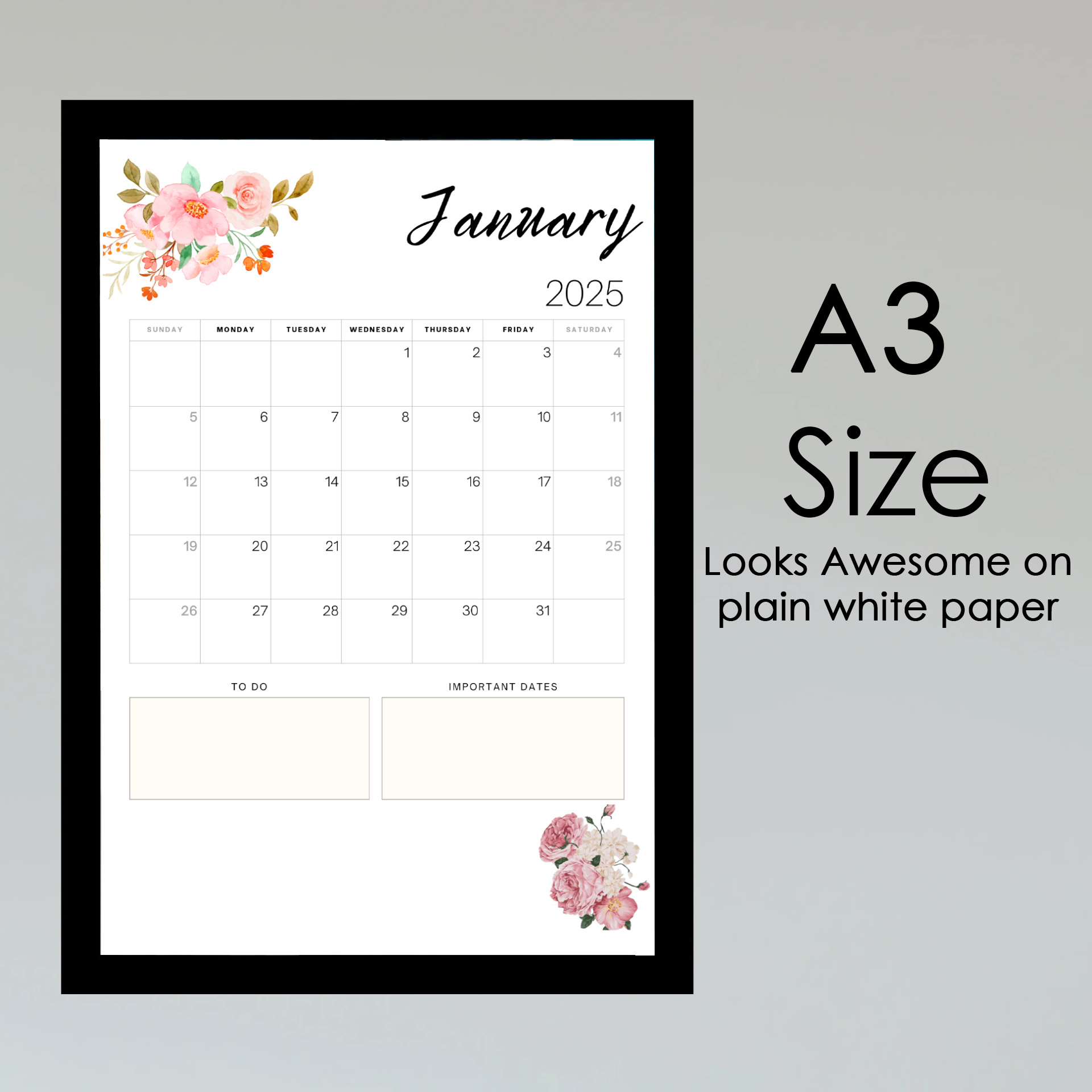 Floral Printable Calendar 2025, 12 Month With Notes Option inside 2025 Calendar Printable Flowers