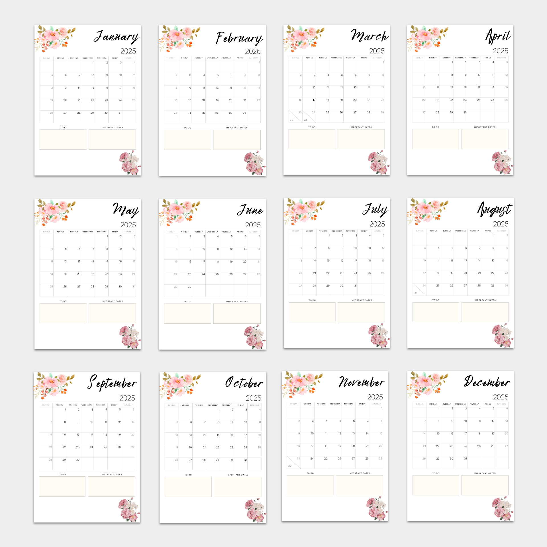 Floral Printable Calendar 2025, 12 Month With Notes Option with regard to Floral Printable Calendar 2025