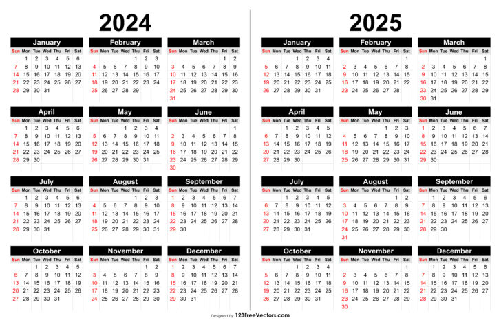 2024 and 2025 Calendar with Holidays Printable Free Download