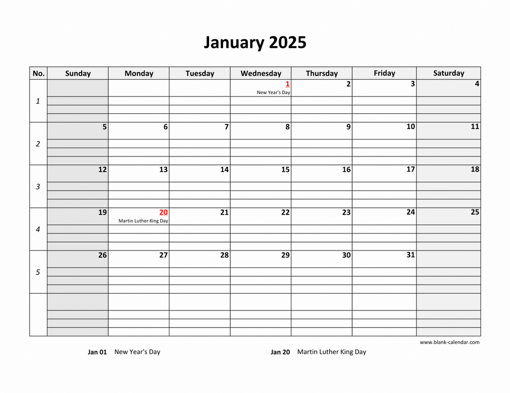 Free Download Printable Calendar 2025, Large Box Grid, Space For Notes for Free Printable 2025 Calendar With Lines