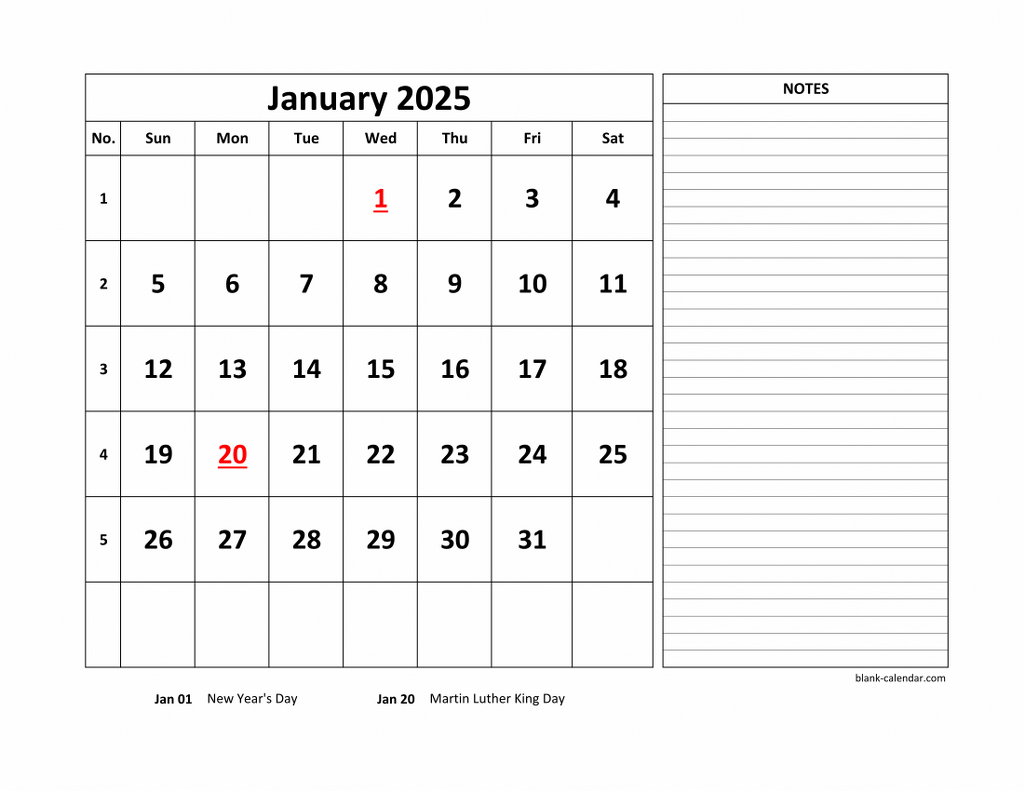 Free Download Printable Calendar 2025, Large Space For Appointment for Free Printable Calendar 2025 With Notes