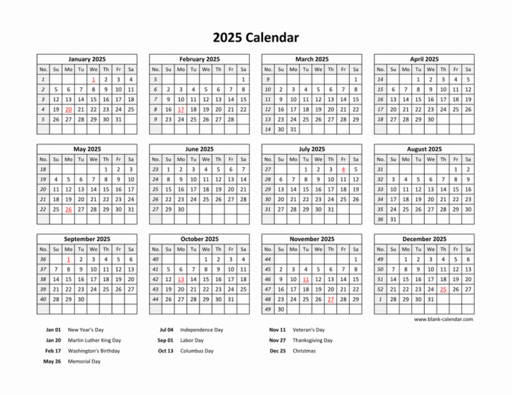 2025 Calendar 2025 with Holidays Printable Free