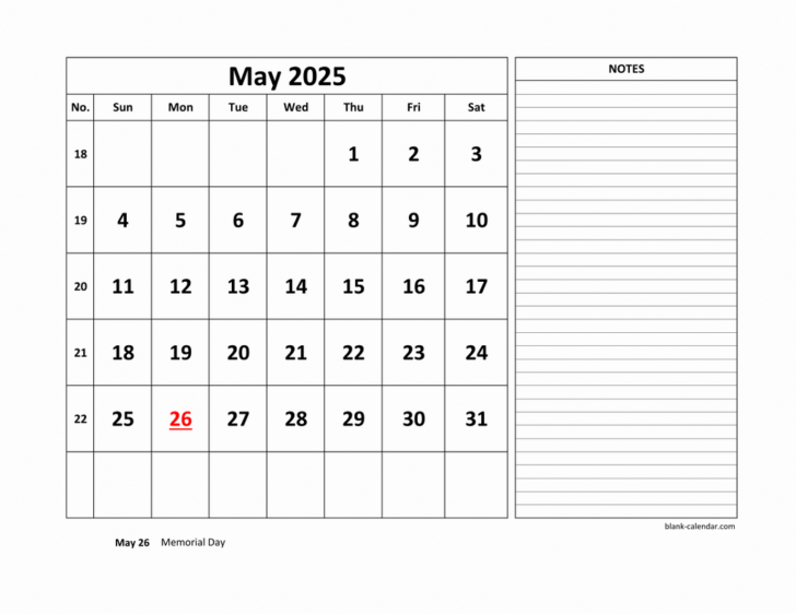 May 2025 Calendar with Notes Printable