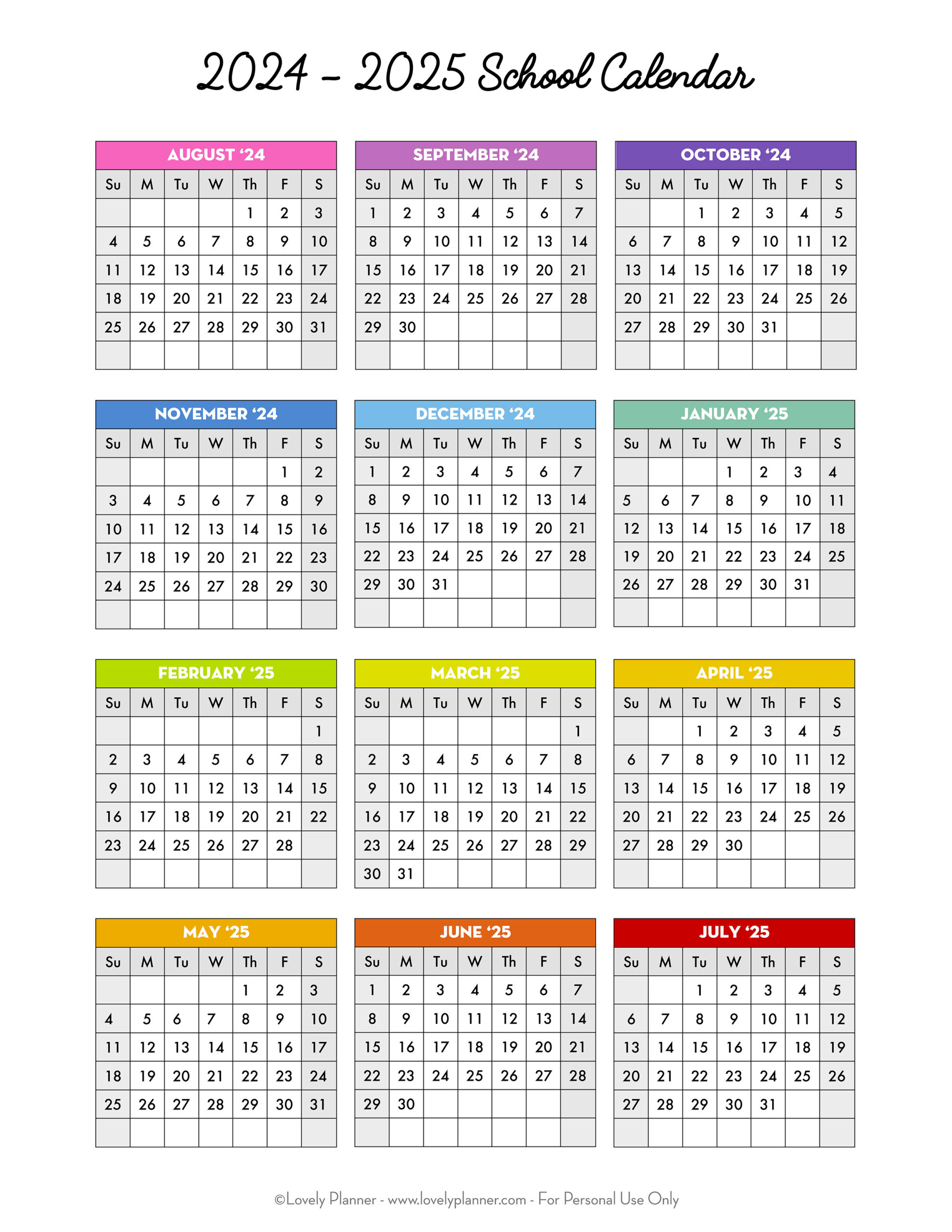 Free Printable 2024-2025 School Calendar - One Page Academic for 2024 and 2025 Calendar Free Printable