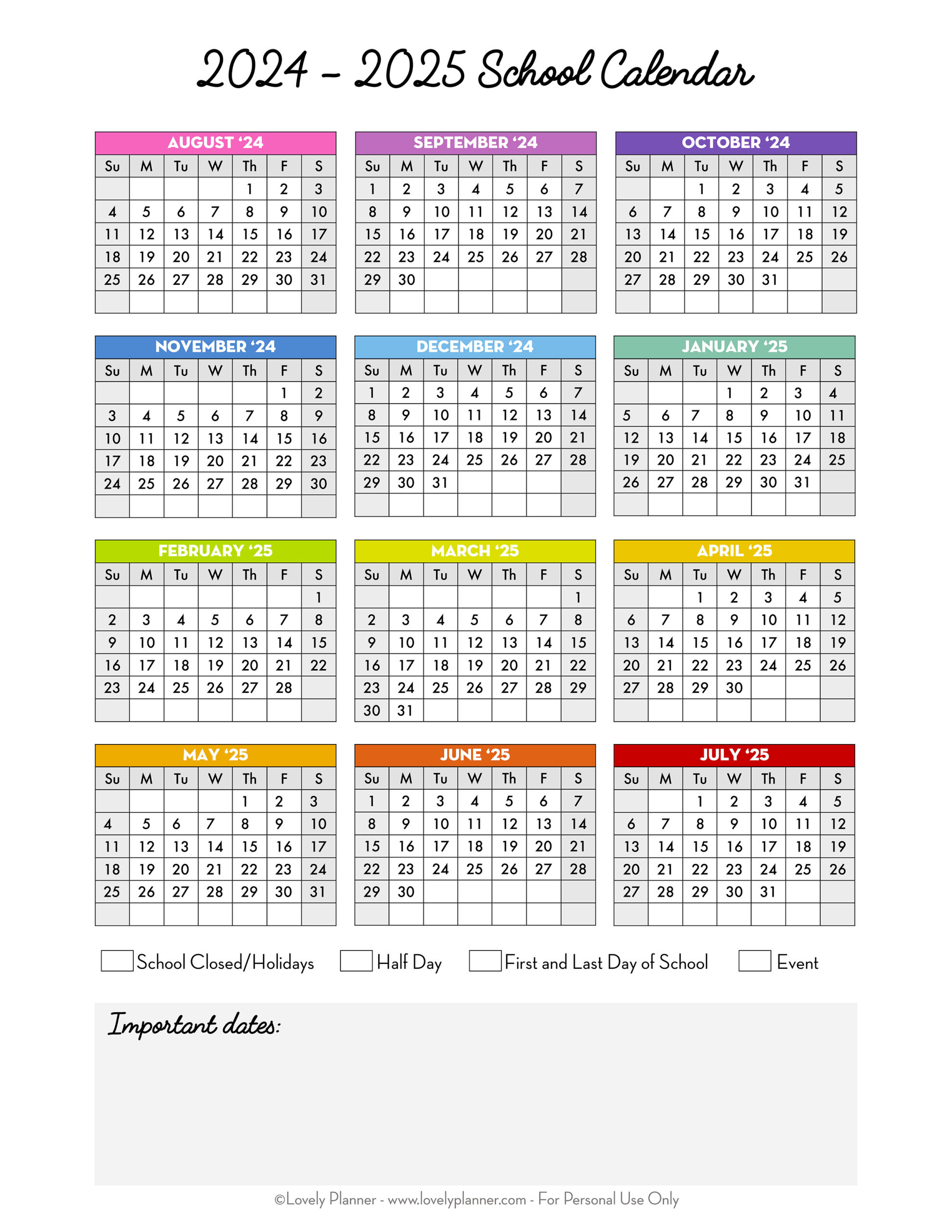 Free Printable 2024-2025 School Calendar - One Page Academic in 2025 Summer Calendar Printable