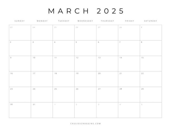 Blank March 2025 Calendar Printable