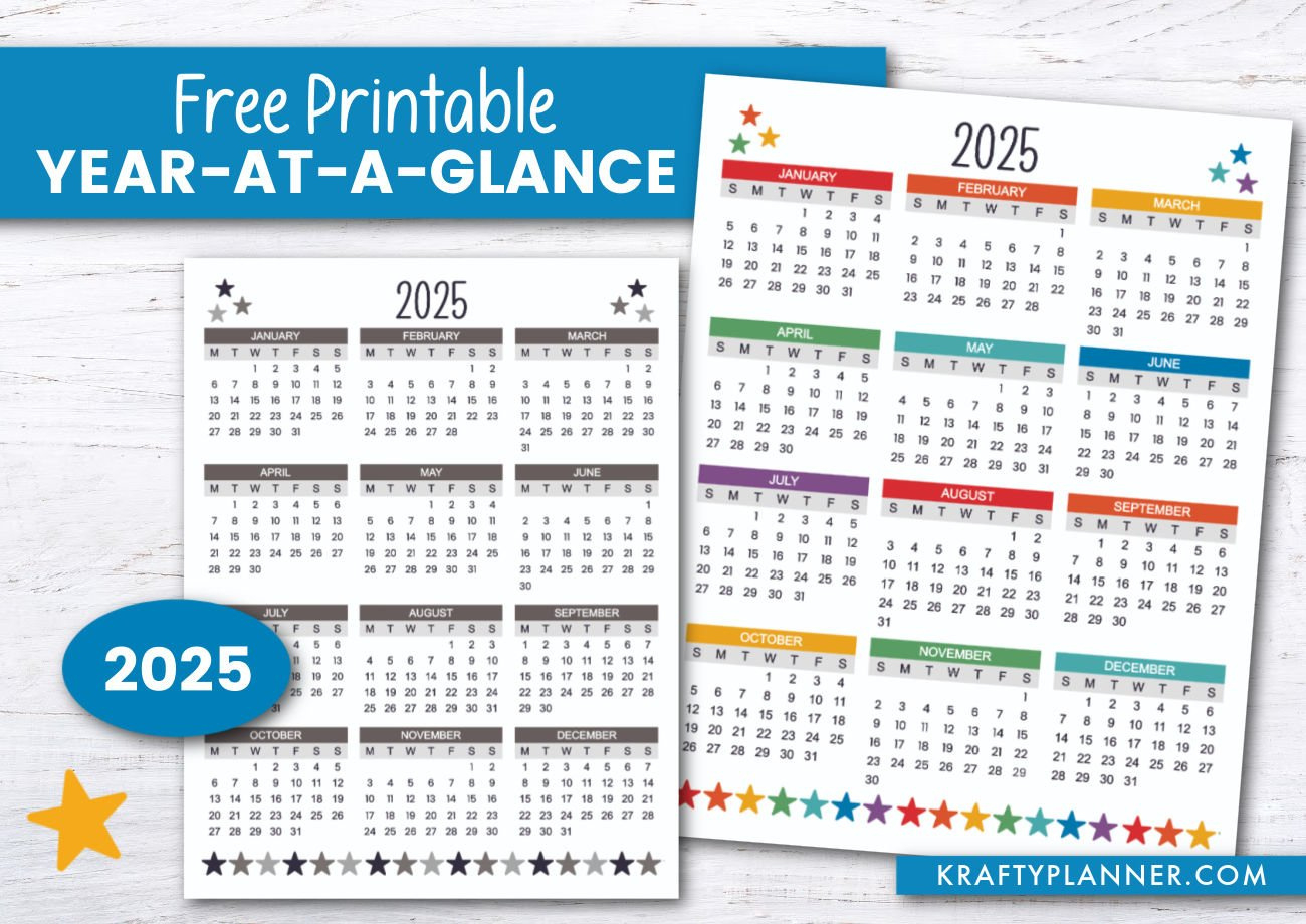 Free Printable 2025 Year-At-A-Glance — Krafty Planner for Free Printable 2025 Year at a Glance Calendar