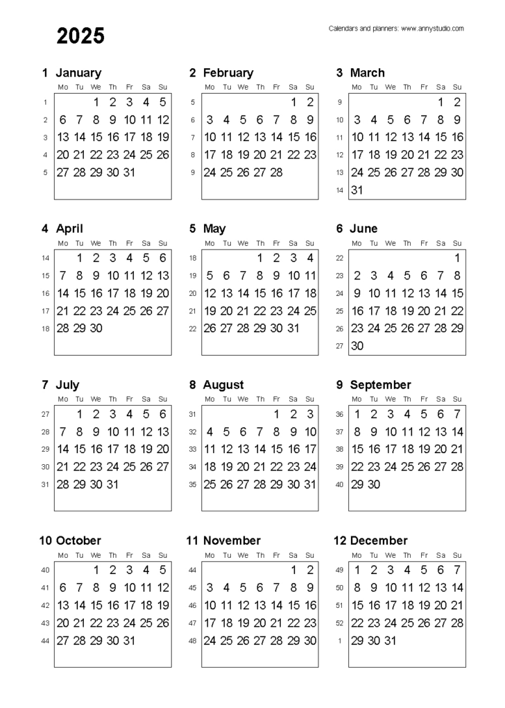 Printable Calendar 2025 with Week Numbers