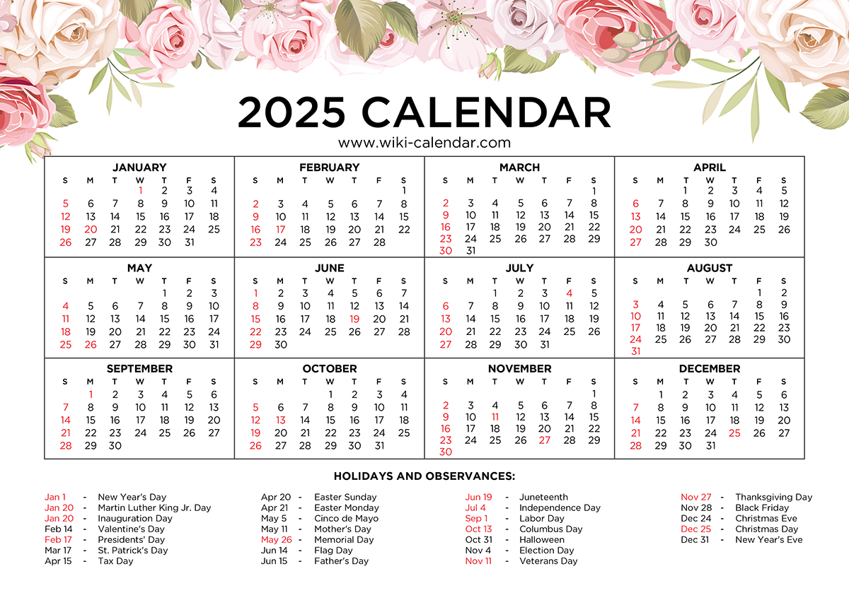 Free Printable Floral Calendar 2025 - Wiki Calendar in Free Floral Printable Calendar 2025