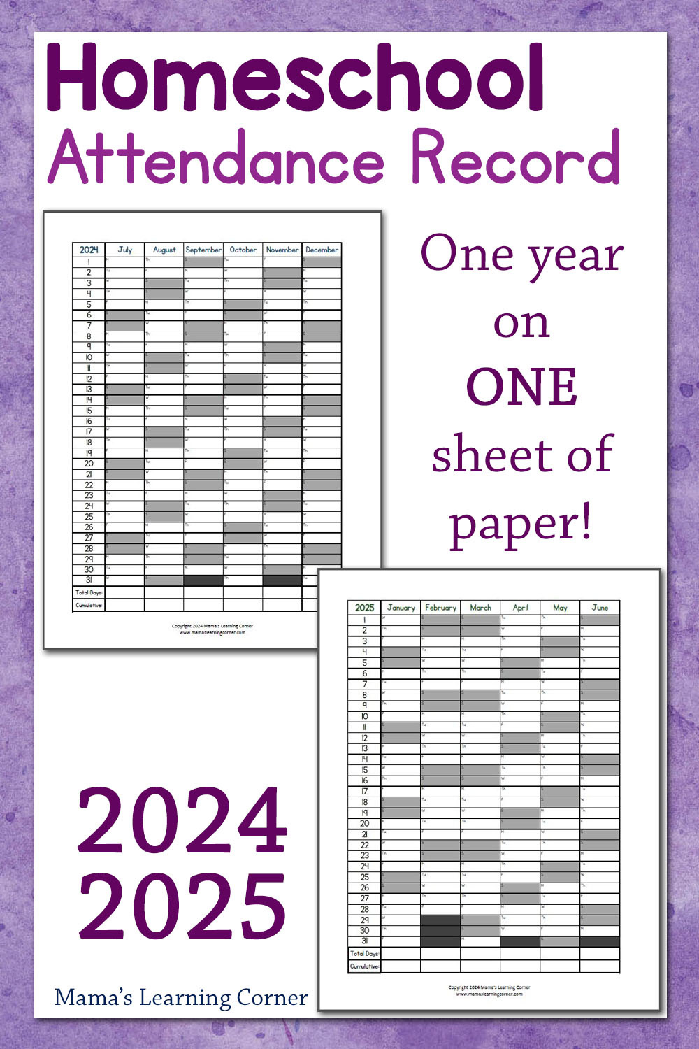 Homeschool Attendance Record 2024-2025 - Mamas Learning Corner in 2025 Attendance Calendar Printable Free