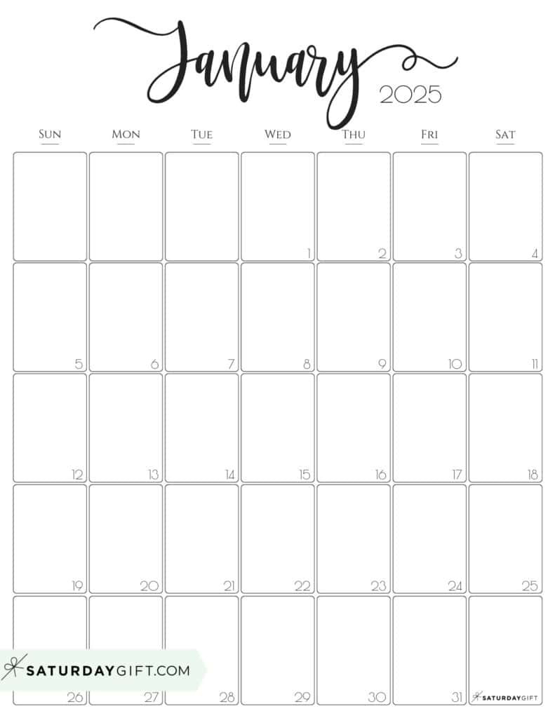 January 2025 Calendar - 20 Cute &amp;amp; Free Printables | Saturdaygift for January Calendar 2025 Free Printable