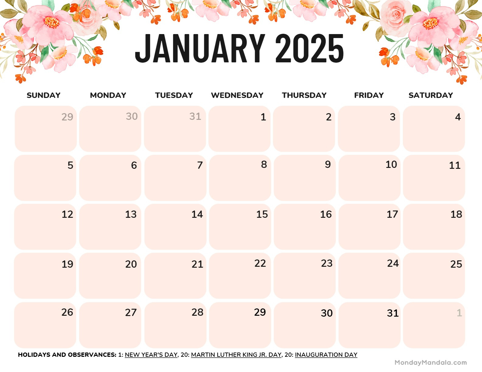 January 2025 Calendar (52 Free Pdf Printables) for 2025 Calendar Monthly Printable Free