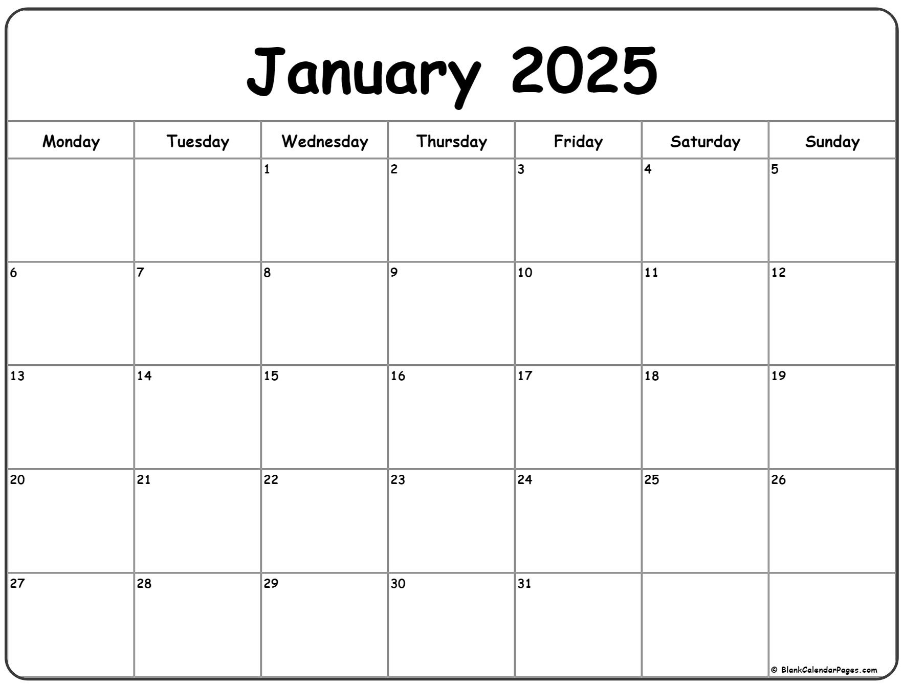 January 2025 Monday Calendar | Monday To Sunday inside Printable 2025 Calendar Monday Start