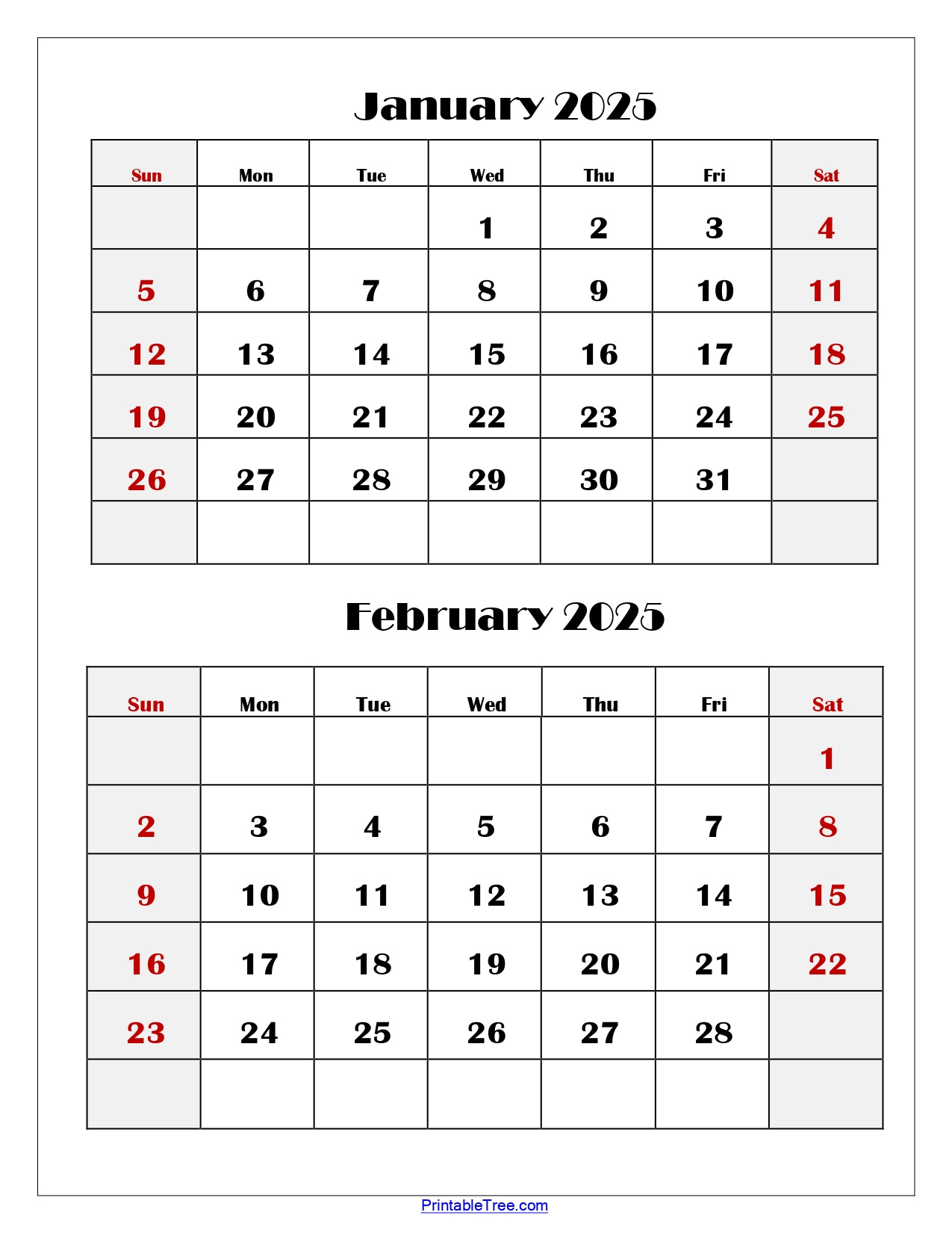 January And February 2025 Calendar | Two Months Calendar with Jan Feb 2025 Calendar Printable