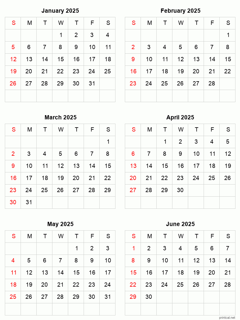 January To June 2025 Printable Calendar | Six Months Per Page in 2025 Calendar Printable Month Per Page