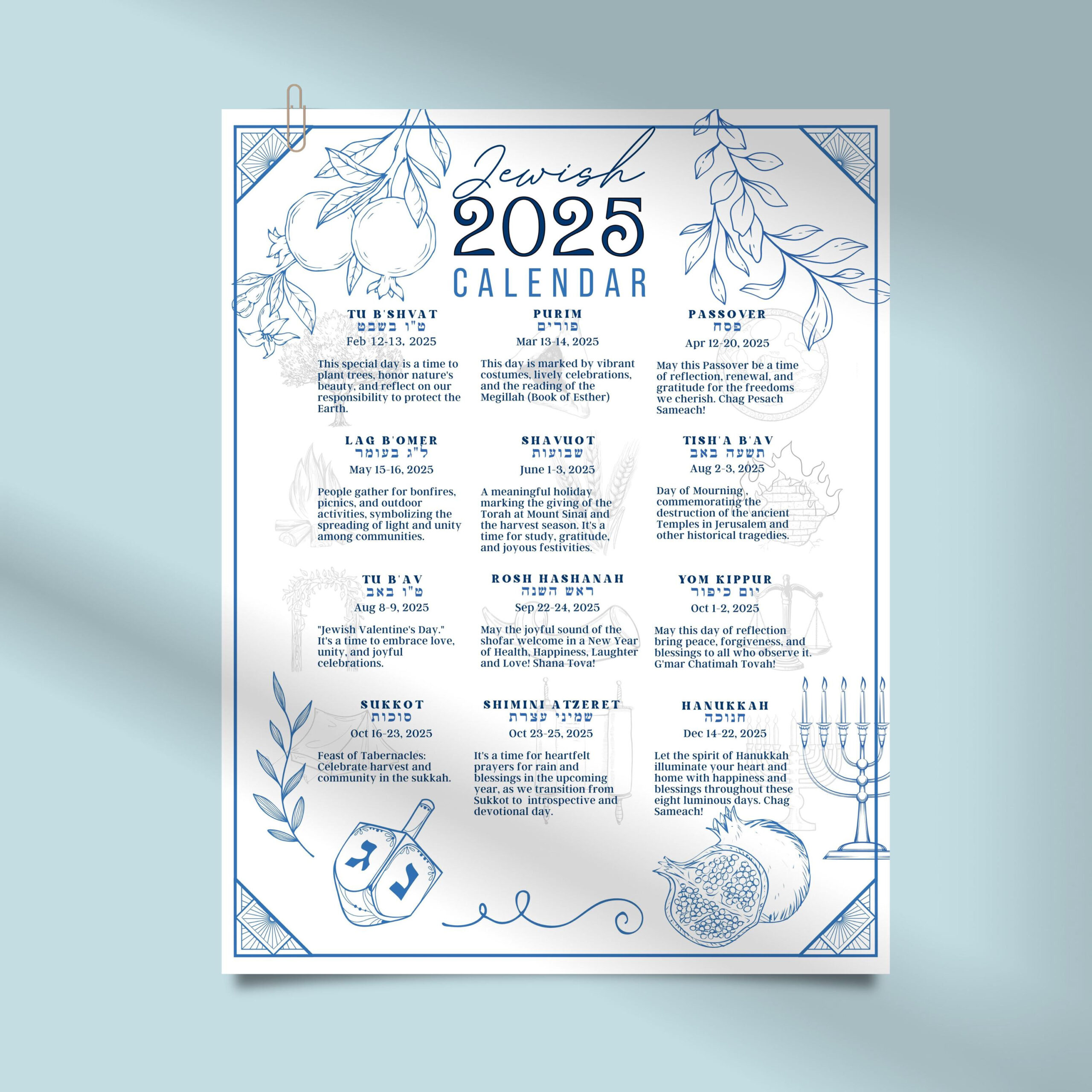 Jewish Calendar 2025 Poster Jewish Gift New Year 5785 Rosh for Hebrew Calendar 2025 With Holidays Printable