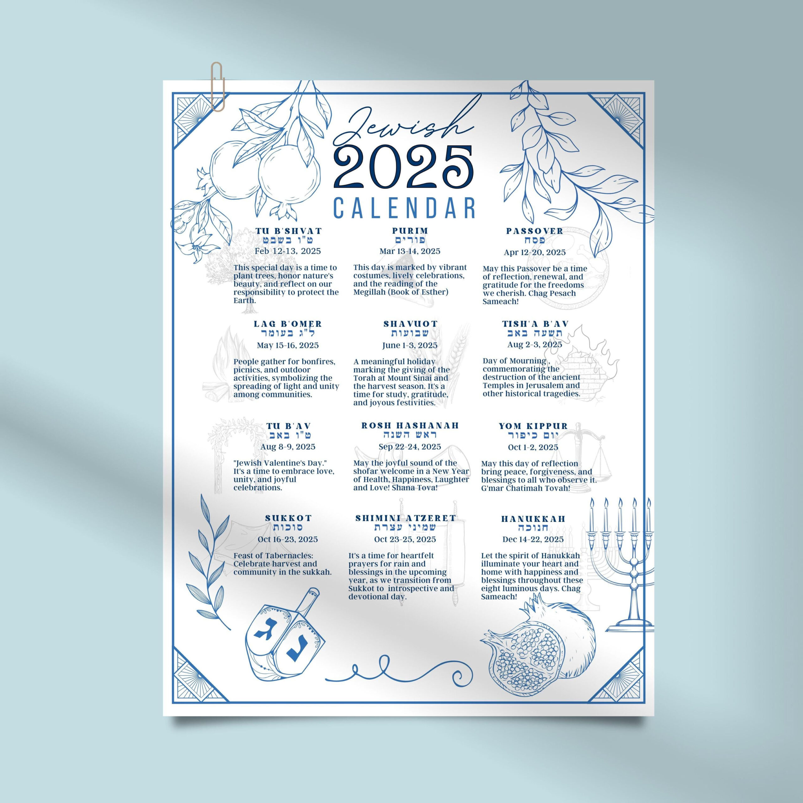 Jewish Calendar 2025 Poster Jewish Gift New Year 5785 Rosh within Jewish Holidays 2025 Calendar Printable