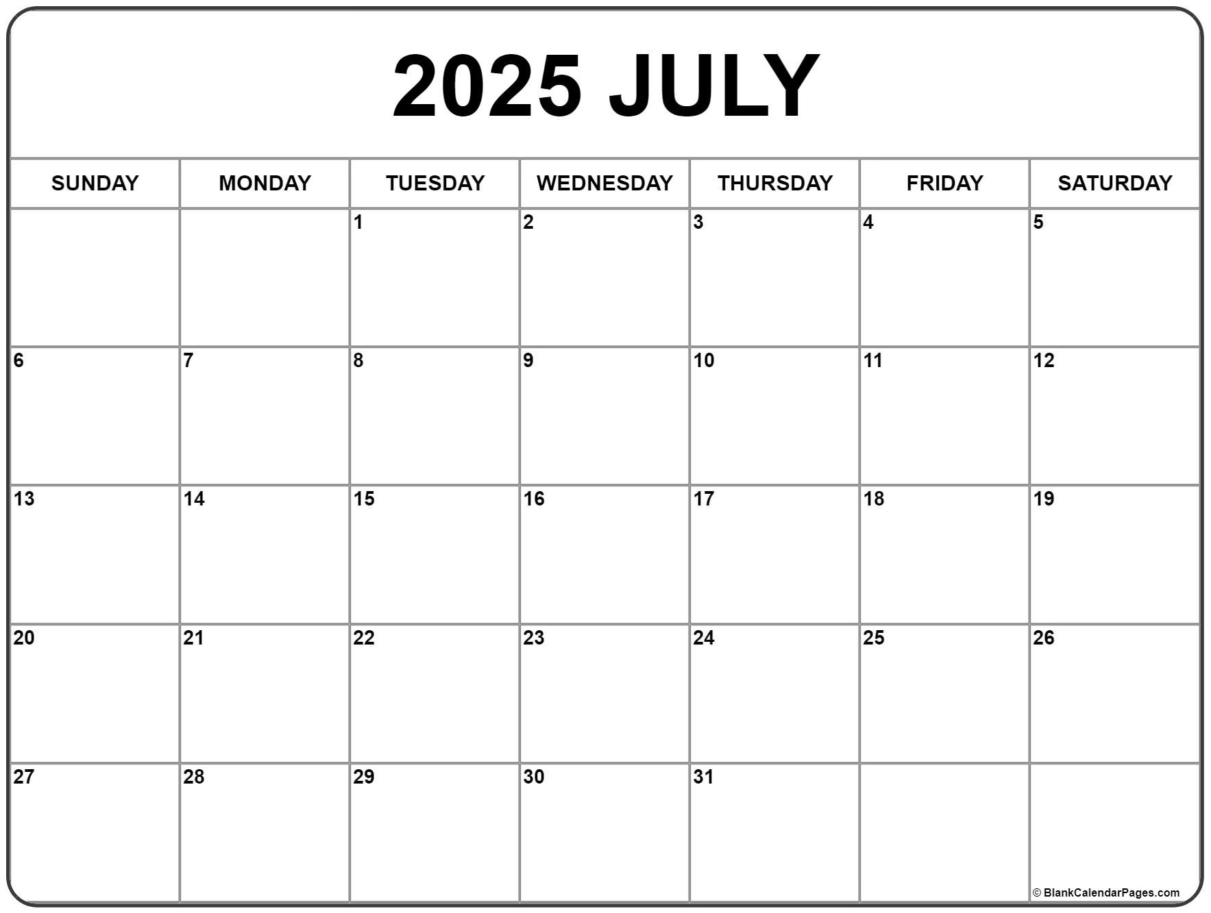 July 2025 Calendar | Free Printable Calendars for Blank July 2025 Calendar Printable Free