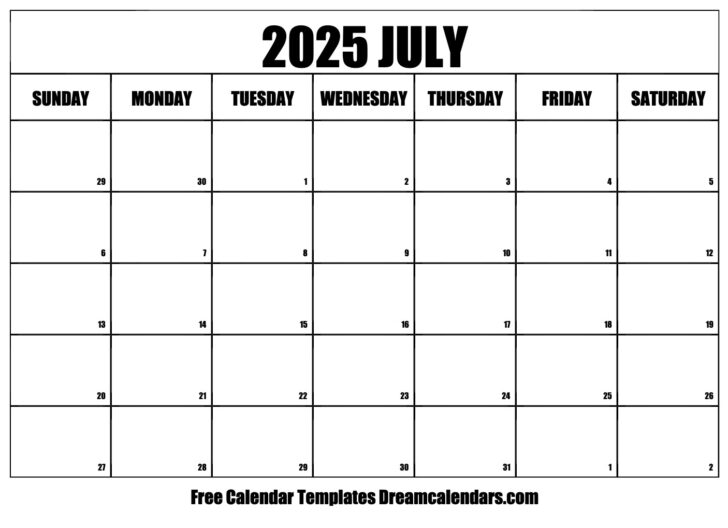 Printable Calendar July 2025 Through June 2025