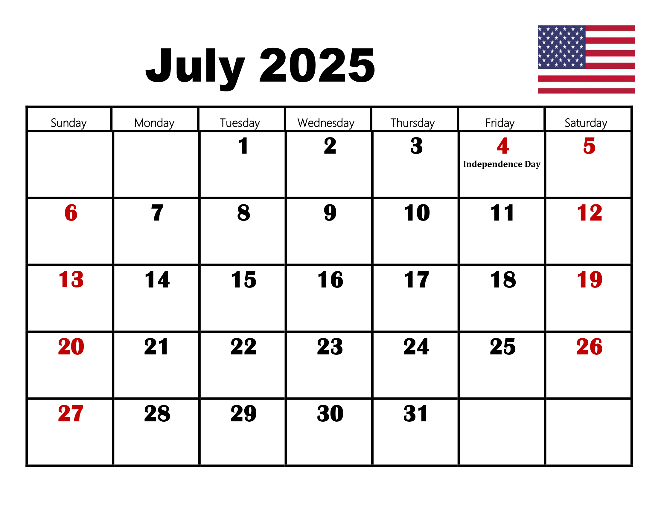 July 2025 Calendar Printable Pdf Template With Holidays in Free Printable July 2025 Calendar With Holidays