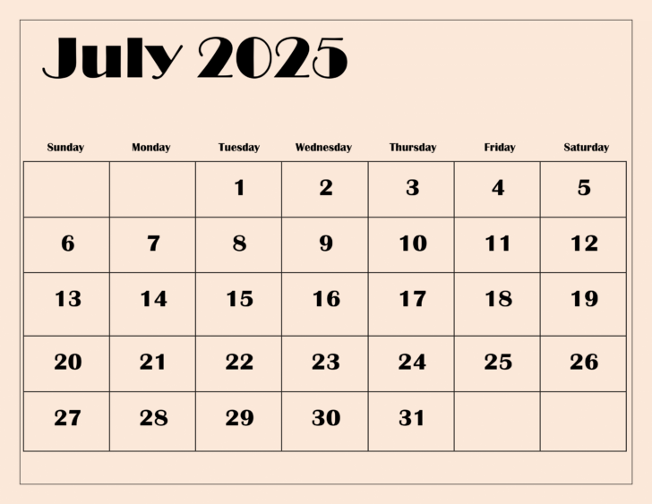 Free Printable Monthly Calendar July 2025