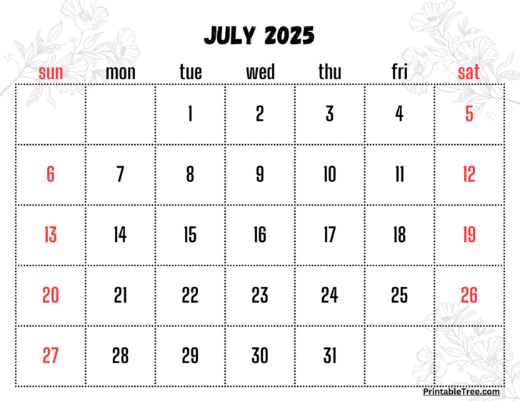 July 2025 Calendar with Holidays Printable