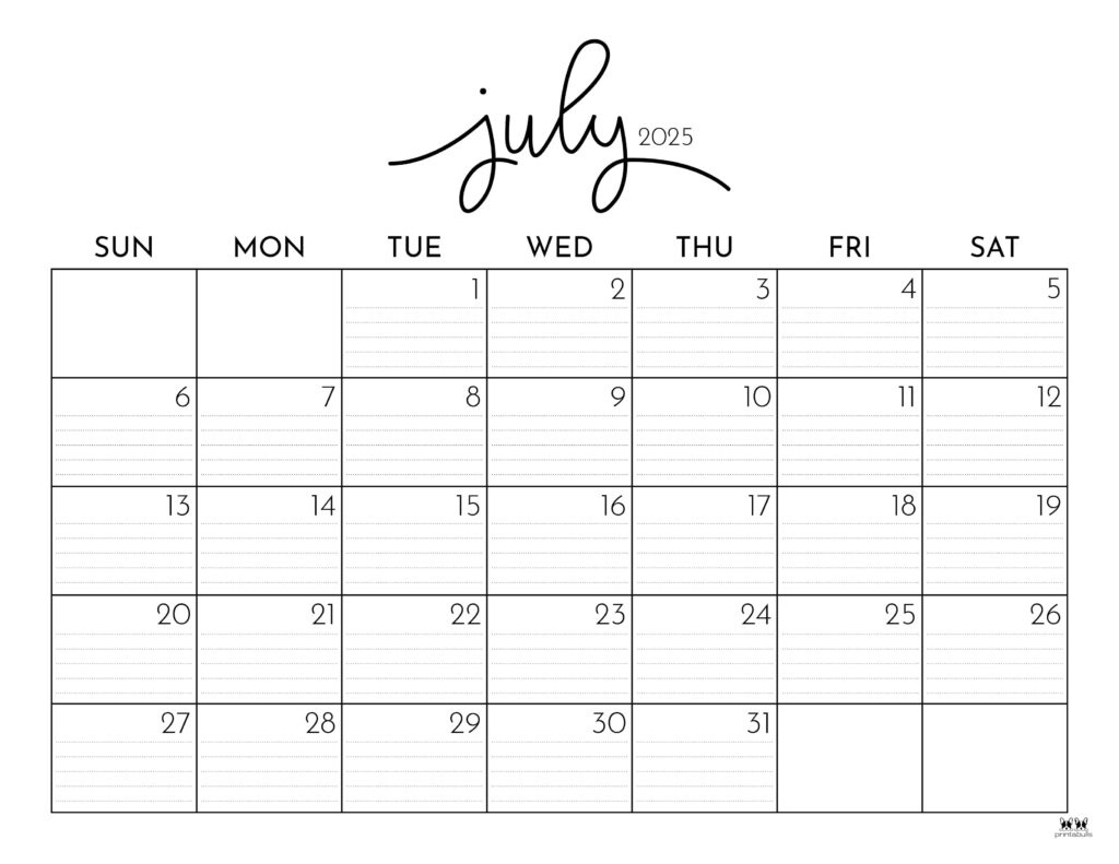 July 2025 Calendars - 107 Free Printables | Printabulls for July Monthly Calendar 2025 Printable