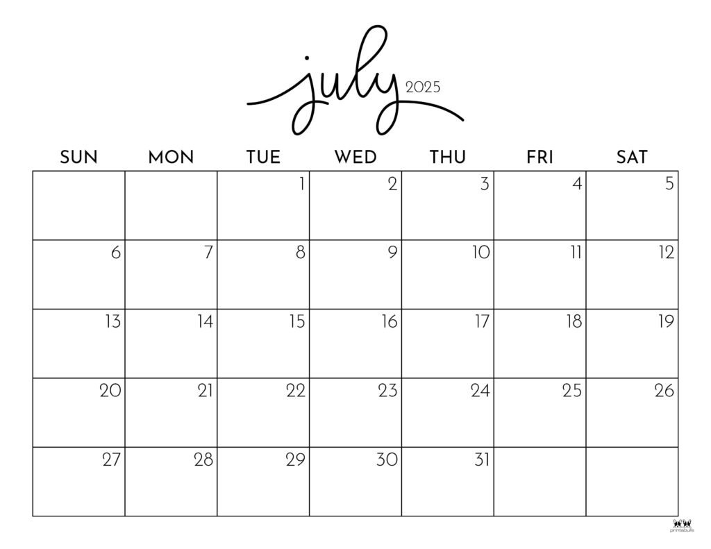 July 2025 Calendars - 107 Free Printables | Printabulls in July Calendar Printable 2025