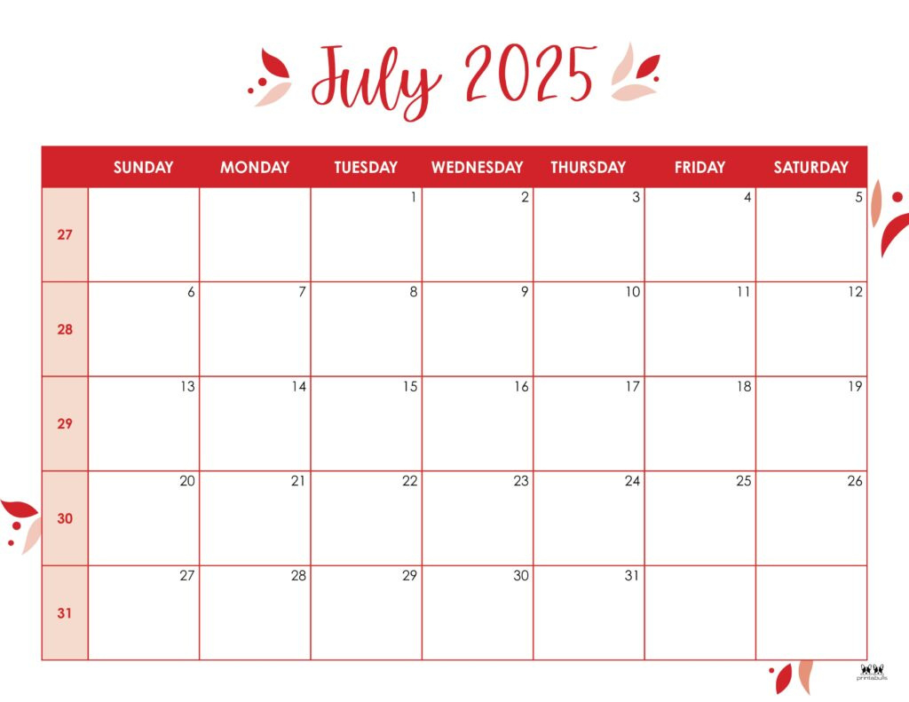 July 2025 Calendars - 107 Free Printables | Printabulls with July Monthly Calendar 2025 Printable