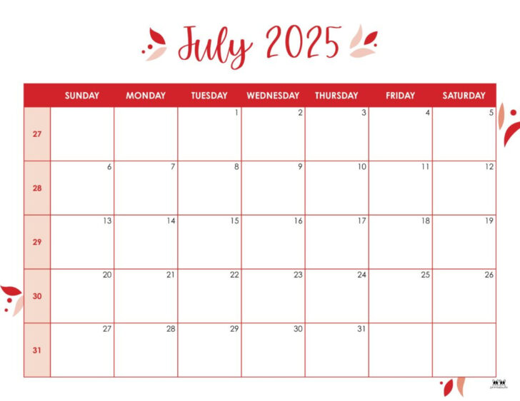 Month of July 2025 Printable Calendar