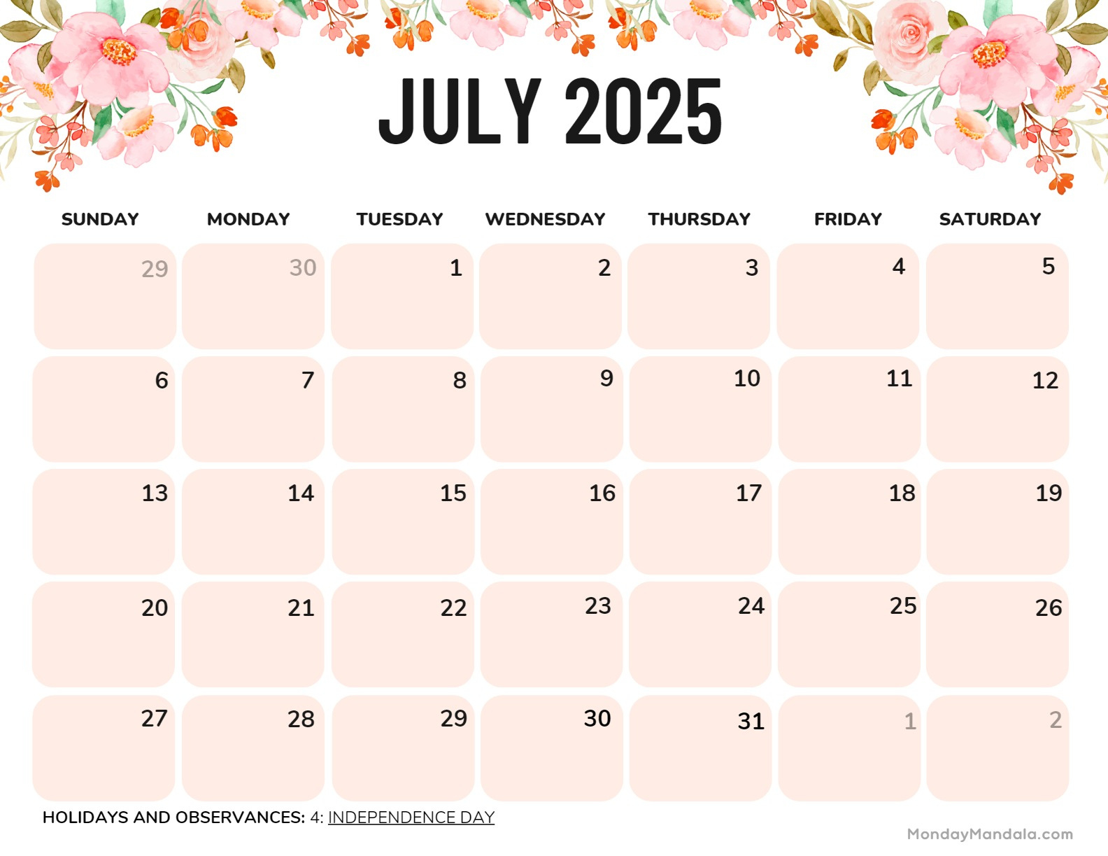 July 2025 Printable Calendar (52 Free Pdf Printables) for July 2025 Calendar Printable