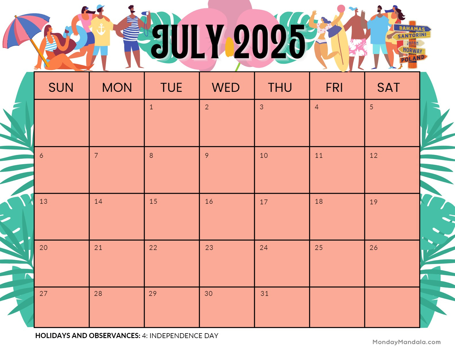 July 2025 Printable Calendar (52 Free Pdf Printables) in July 2025 Calendar With Holidays Printable Free