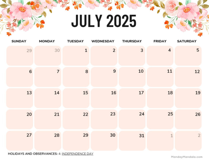 Free Calendar July 2025 Printable