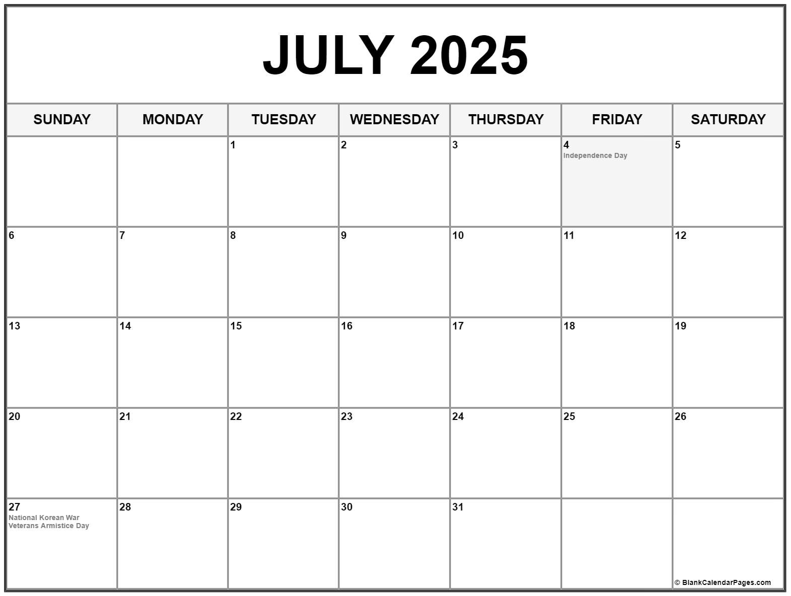 July 2025 With Holidays Calendar inside Free Printable July 2025 Calendar with Holidays