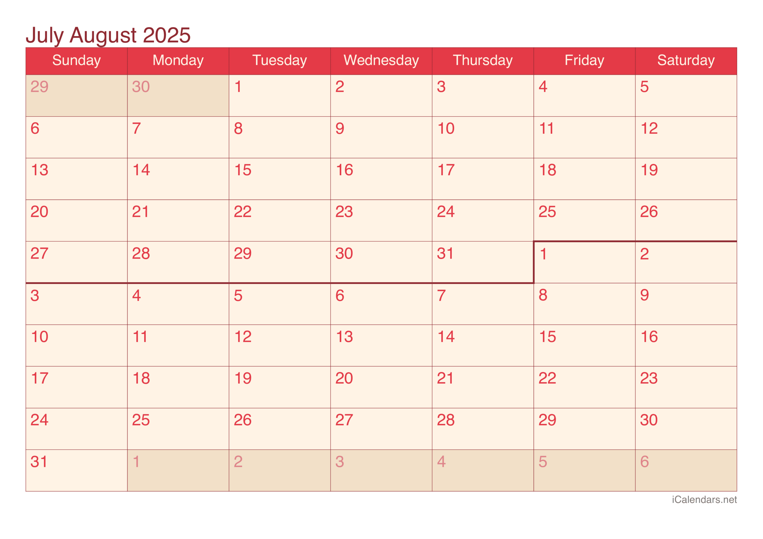 July And August 2025 Printable Calendar for July August 2025 Calendar Printable