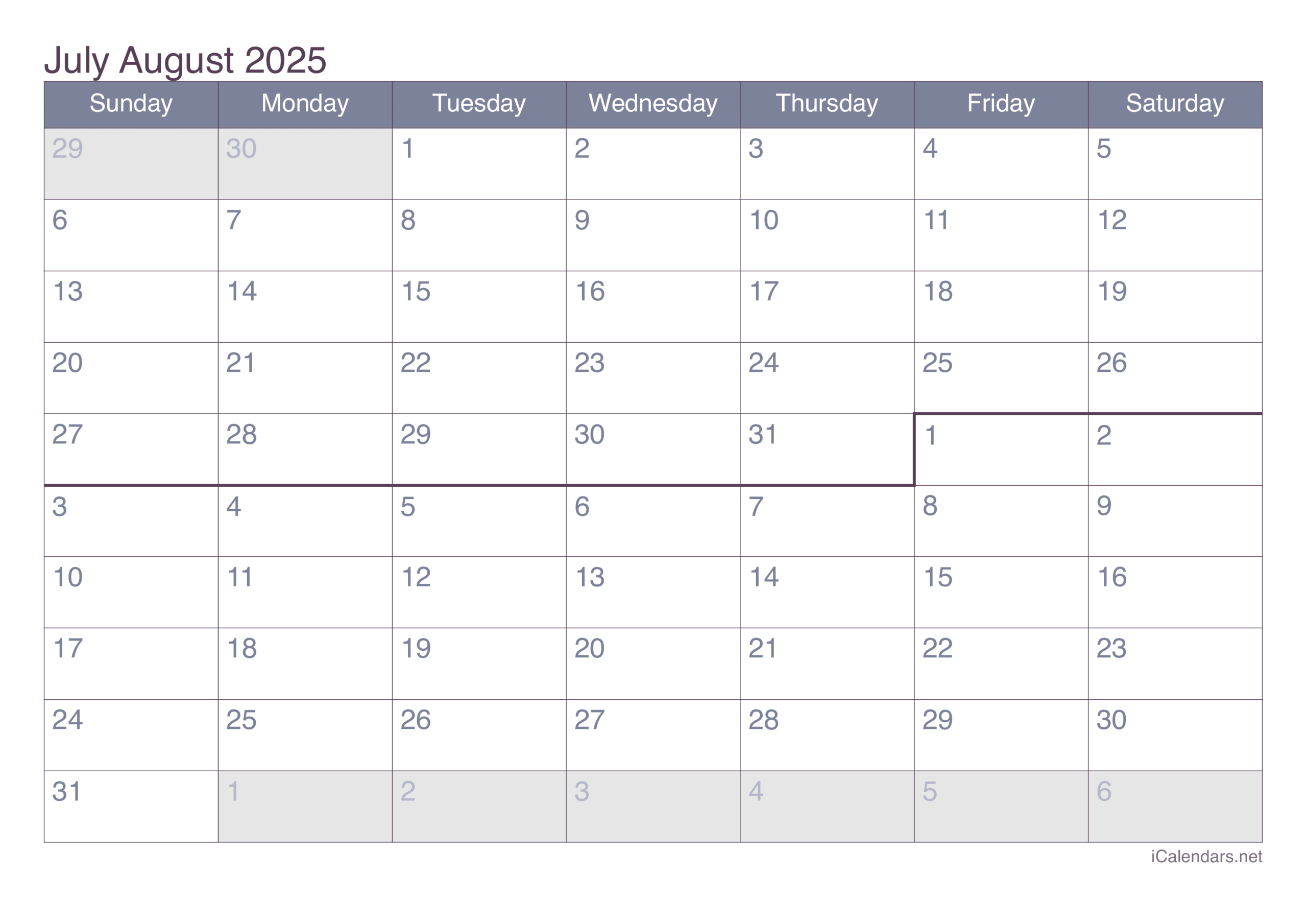 July And August 2025 Printable Calendar intended for July August 2025 Calendar Printable