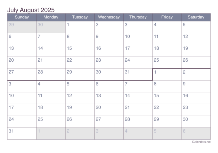 August 2025 to July 2025 Calendar Printable