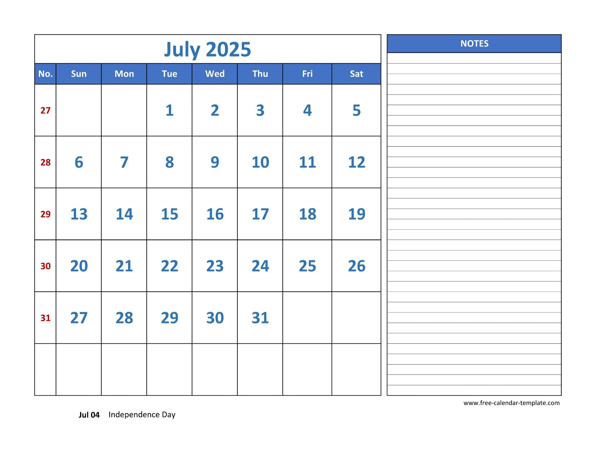 July Calendar 2025 Grid Lines For Holidays And Notes (Horizontal in Free Printable Calendar 2025 with Lines